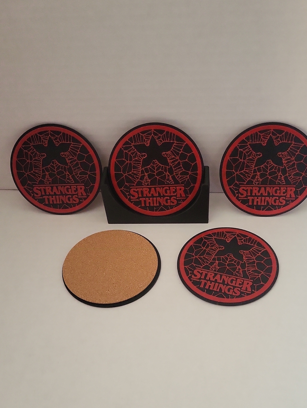 Set Of 5 Stranger Things Red & Black Coaster Set With Holder